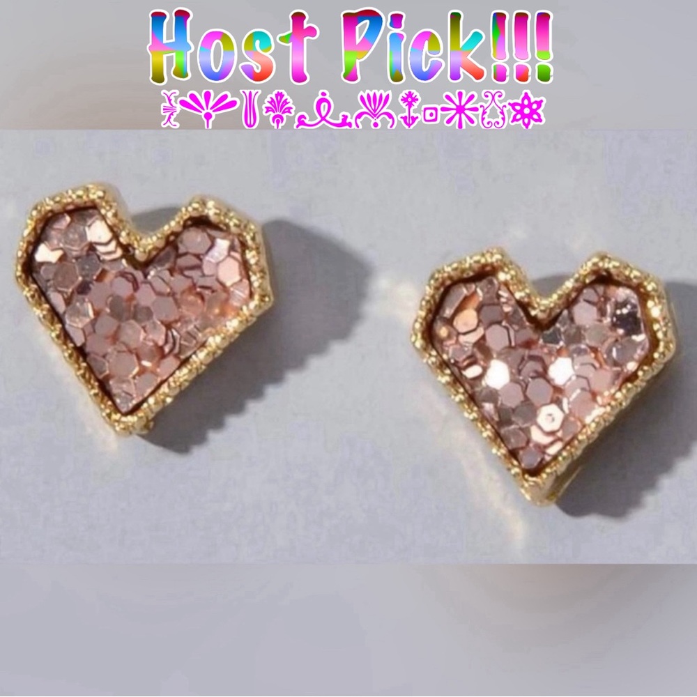 “Pink Sequin Heart” Dainty Tiny Mini Gold Love Valentines Sparkly Romance Studs - Picture 2 of 6